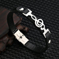 Black Leather Bracelet With Treble Clef