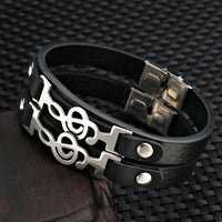 Black Leather Bracelet With Treble Clef