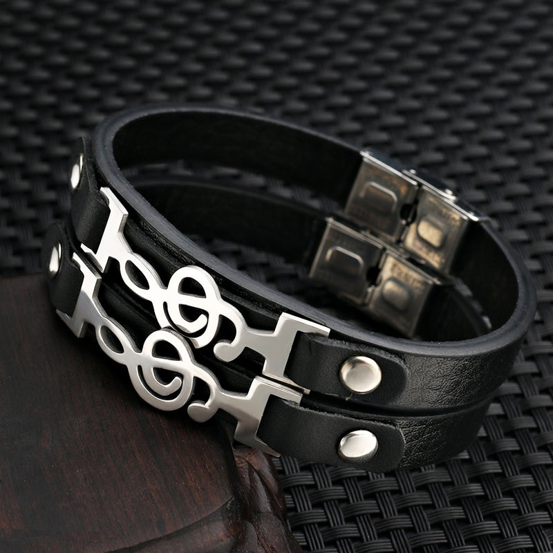 Black Leather Bracelet With Treble Clef