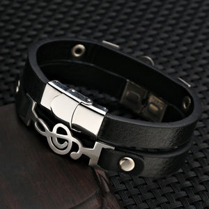 Black Leather Bracelet With Treble Clef