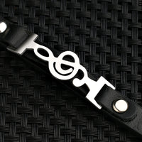 Black Leather Bracelet With Treble Clef